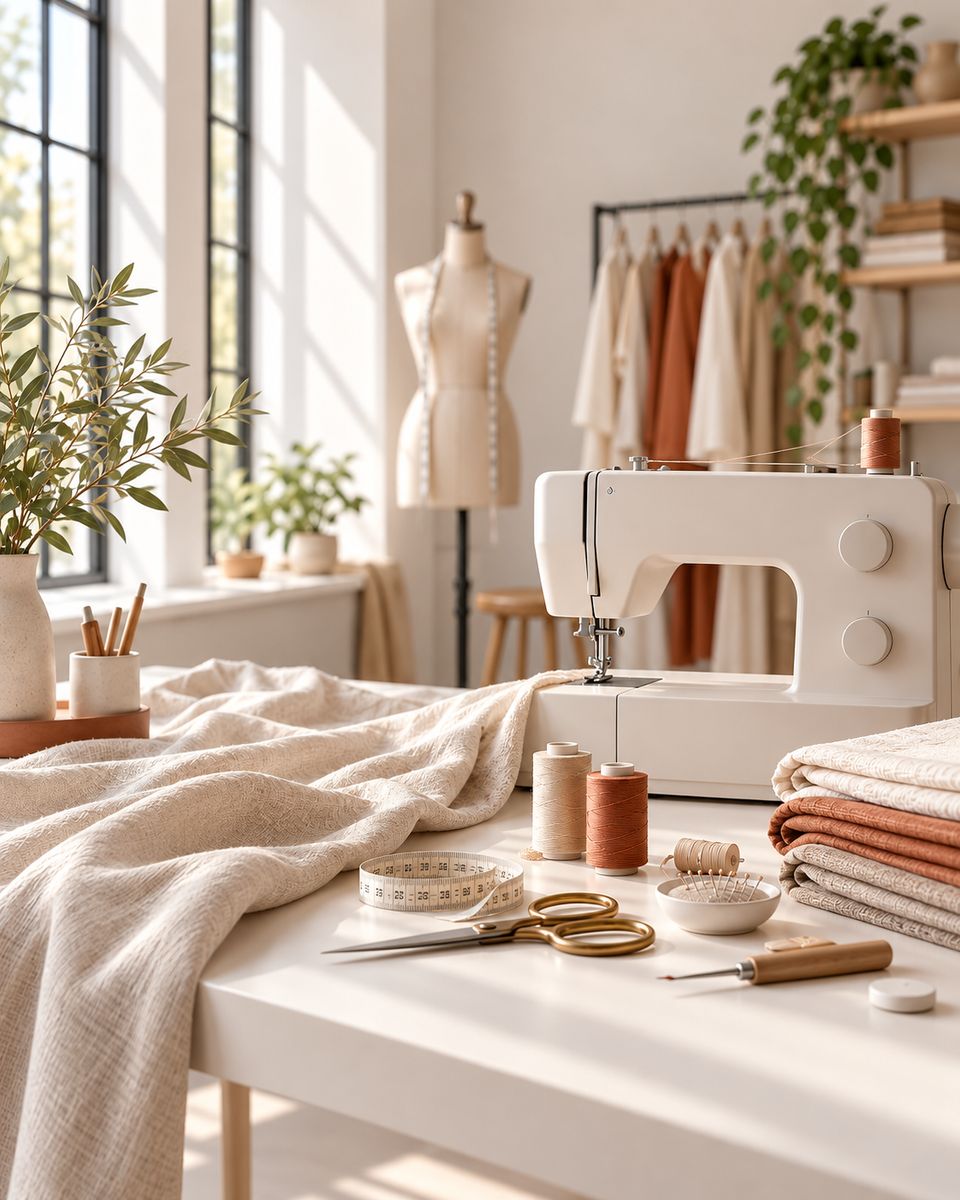 Bancada de um ateliê de costura em luz natural, com máquina de costura, tesoura dourada, fita métrica, carretéis de linha e tecidos dobrados em tons de linho e terracota.