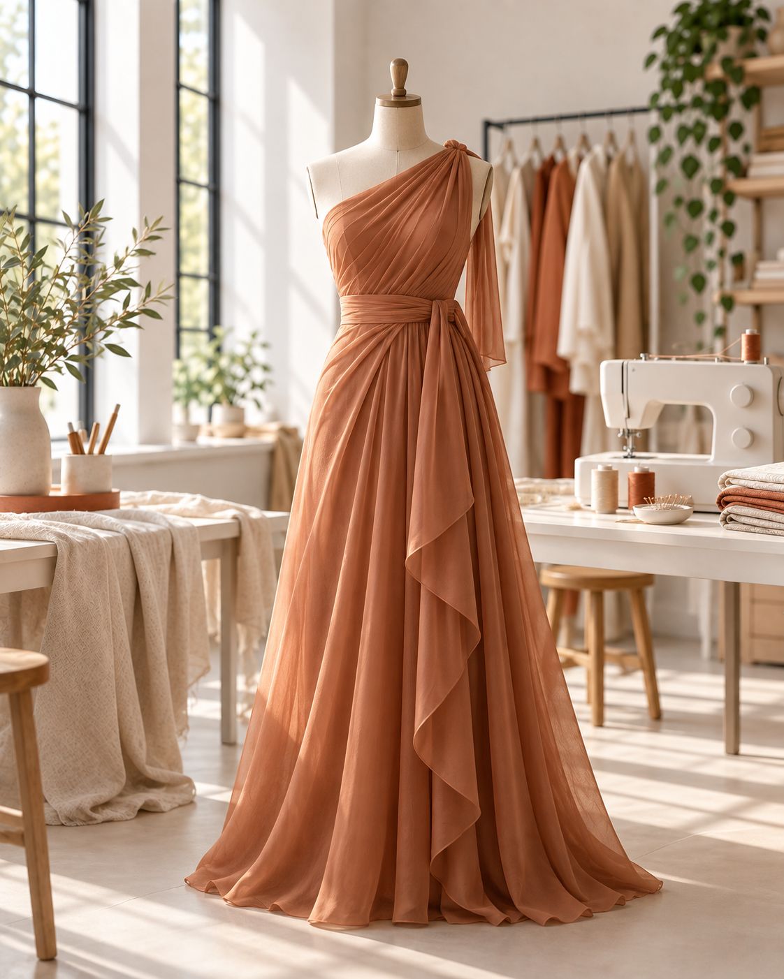 Vestido longo terracota de um ombro só, em tecido leve e drapeado, exposto em um manequim dentro do ateliê.