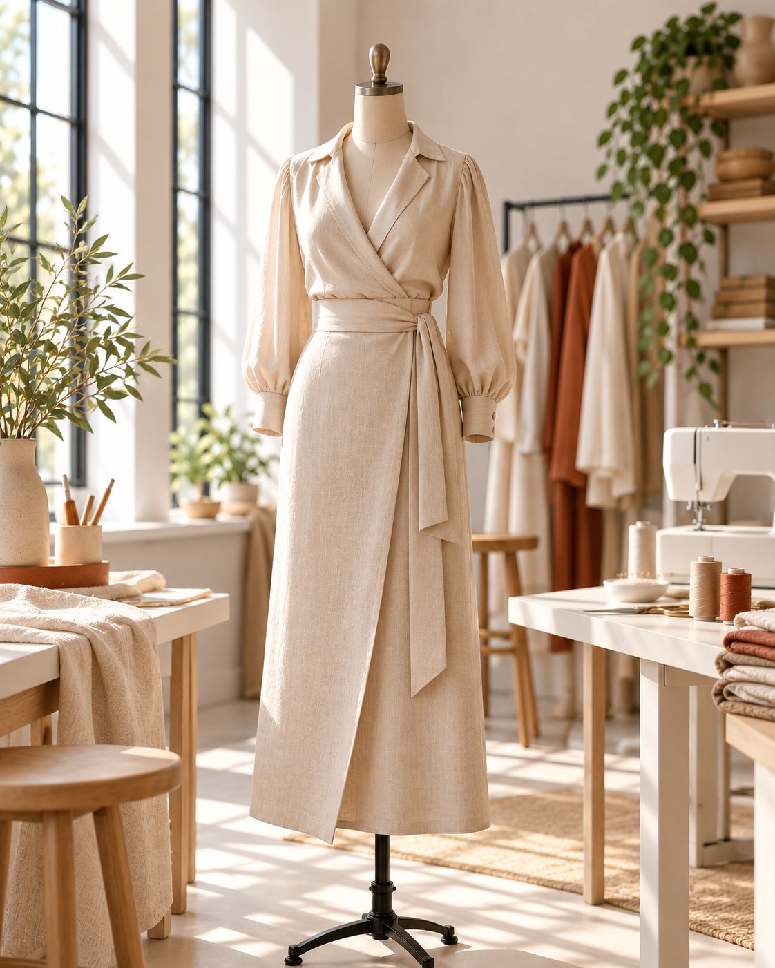 Vestido midi envelope de linho cru, com mangas bufantes e faixa amarrada na cintura, sobre um manequim.